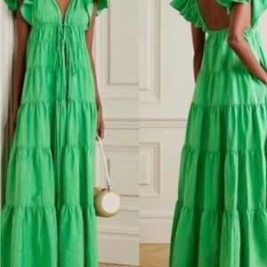 A.L.C Luca Green Tiered Maxi Dress with Ruffle Shoulders